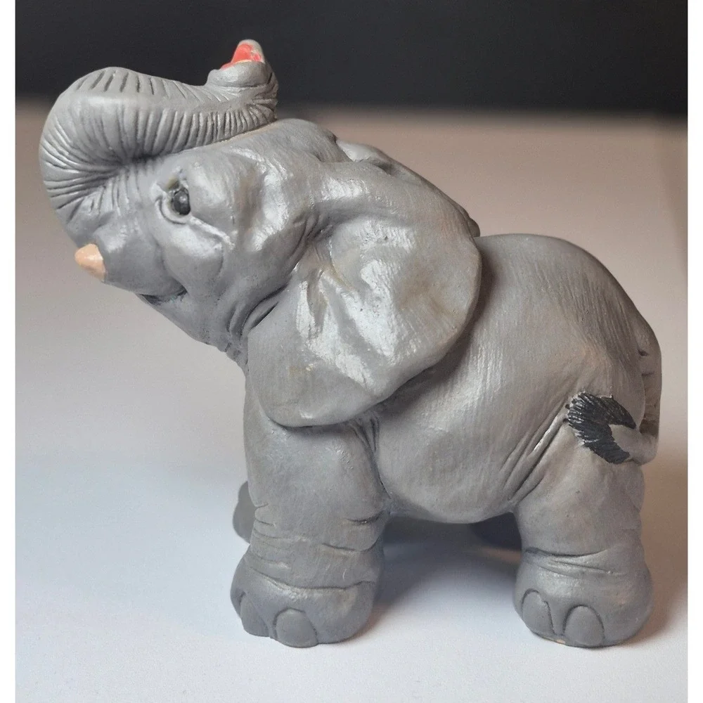 Vintage Elephant Figurine by‎ Sculptor Don James Resin Trunk Up Lucky Statue